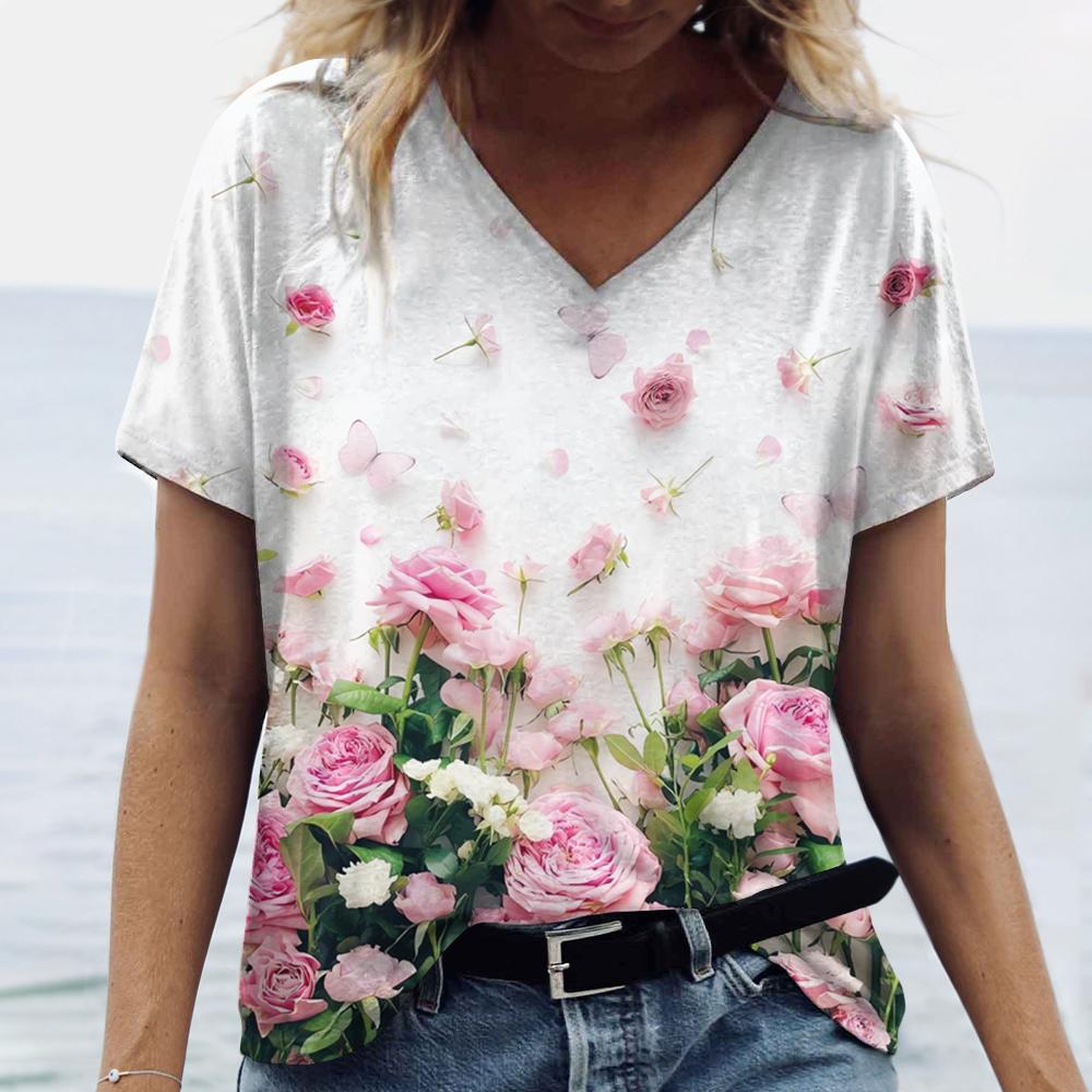 

Женская футболка с цветочным принтом, футболка большого размера, популярная одежда, женская одежда, футболки с короткими рукавами, блузка с v-образным вырезом