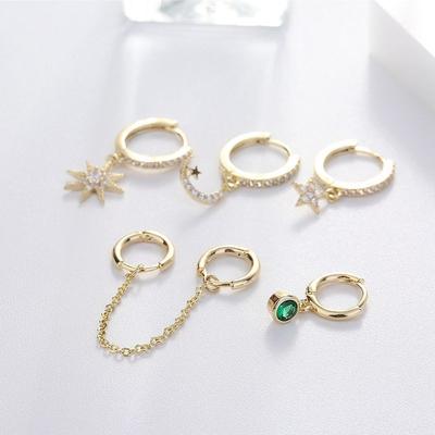 Set di Orecchini Pendenti Luna Stella Scintillante Doppio Foro per Orecchio Mosaico Zirconi Cubici Orecchino a Cerchio per Donna Set da 5 pezzi S-E1091