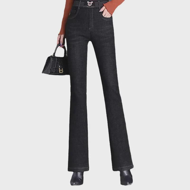 2023 Winter Women's High Waist Plush Lambswool Cotton Micro-Flared Jeans