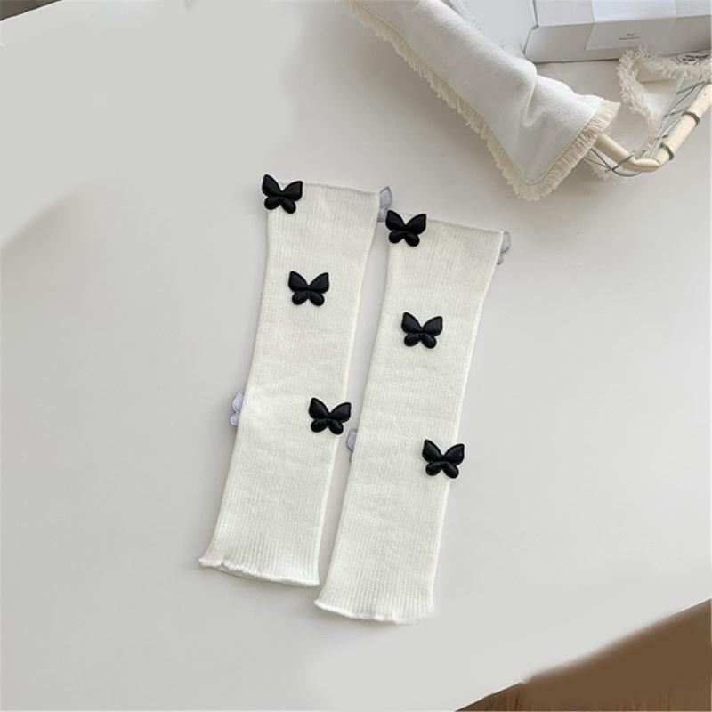 Womens Girls Ballet Style Ribbed Knit Stretch Leg Warmer Japanese Aesthetic Sweet 3D Butterfly Leg Cover Footless Socks