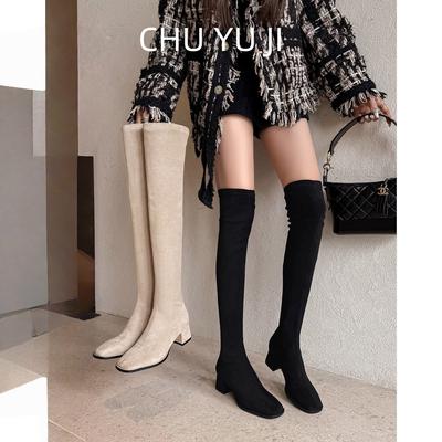 First Encounter with Ji Square Head Thick Heel Over Knee Long Boots Elastic Skinny Boots Khaki Long Boots Skinny
