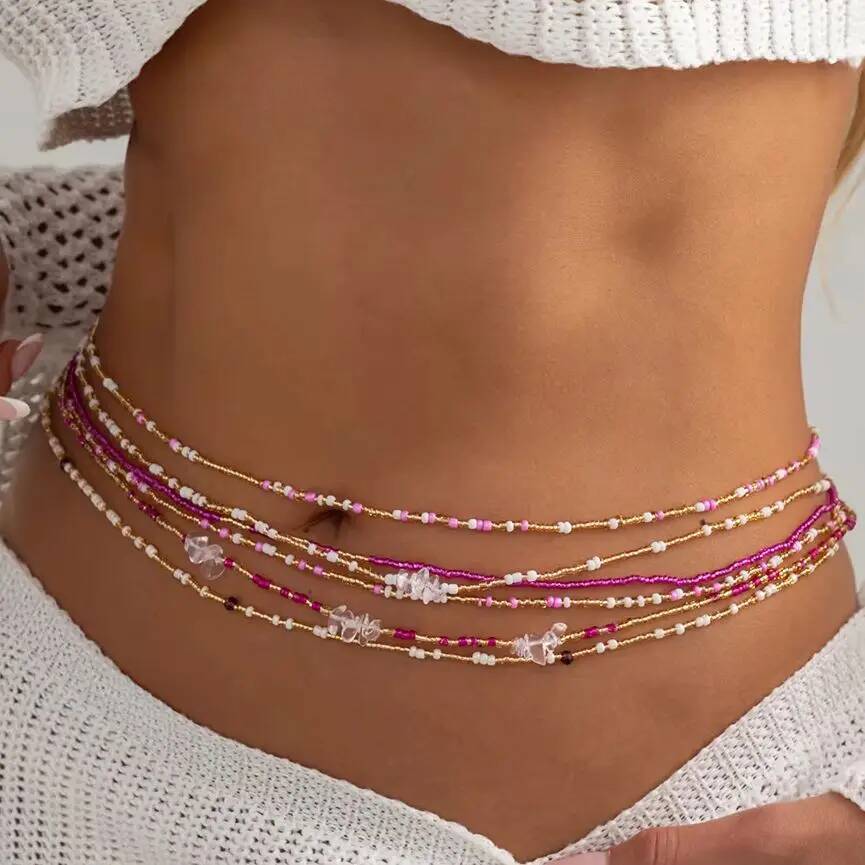 Salircon 6 Pcs/Set Summer Beach Bohemian Rice Beaded Waist Belly Chain for Women Sexy Simple Body Chain Y2K Jewelry Accessories