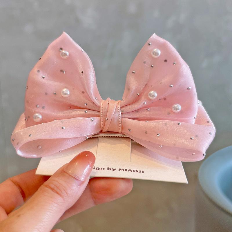 Pearl Bow Girl Headwear Mesh Velvet Hair Clip Party Girl Dance Hair Accessory Hair Clip Red