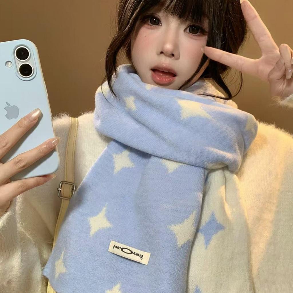 Cute little star scarf women's autumn and winter warm and cold-proof thickened imitation cashmere versatile Korean version of age-reducing knitted sca