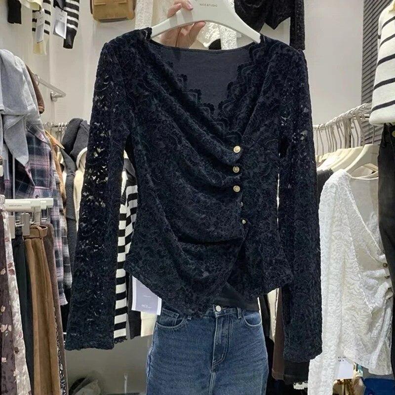 Dlouhý rukáv s výstřihem do V Vyšívaná krajková košile Ženy Korejská móda Tenká skládaná halenka Vintage Ležérní Háčkování Elegantní topy 30120