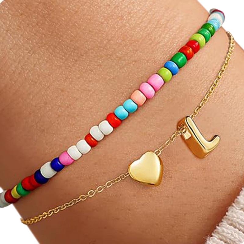 Double Layer Heart Beaded Bracelet Feature Initial Charm Letter Fashion Copper Jewelry Gift For Teen Girls Women