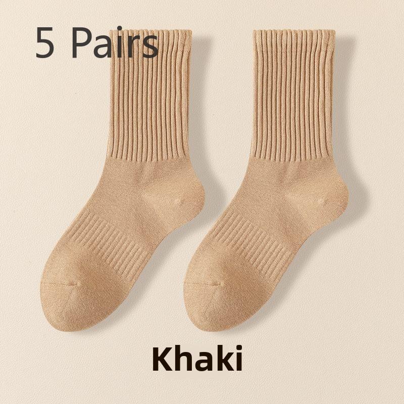 5 Pairs of Women's Spring and Fall Solid Color Sports Cotton Tide Mid Tube Pile Socks