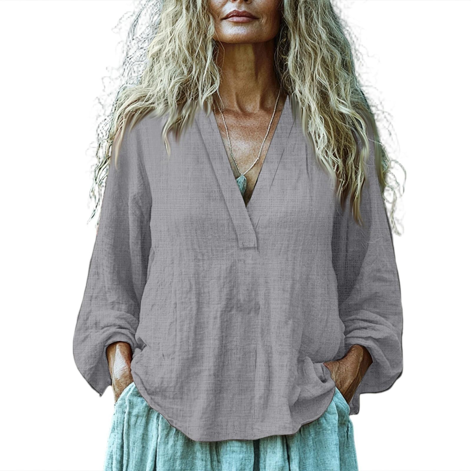 Women s Fashionable And Casual Color V-neck Long-sleeved Cotton And Linen Shirt Top XXL