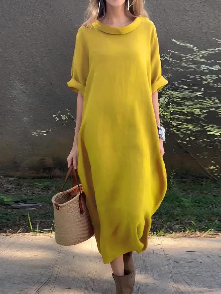 2026 Plus Size European & American Style Women’s Casual Loose Mid-Sleeve Swing Dress