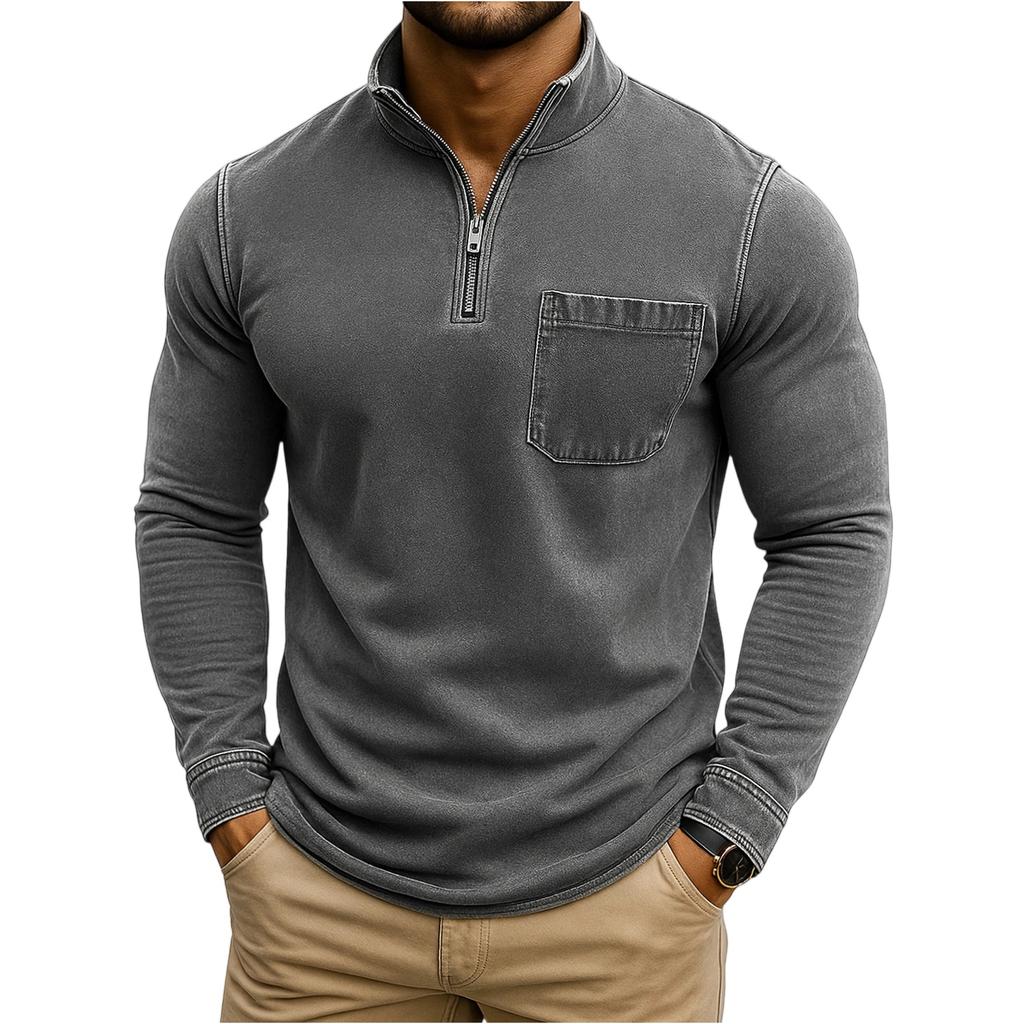 Men's Fashion Solid Color Retro Casual Washed Outdated Quarter Zipper Pocket Long Sleeve T-shirt Top