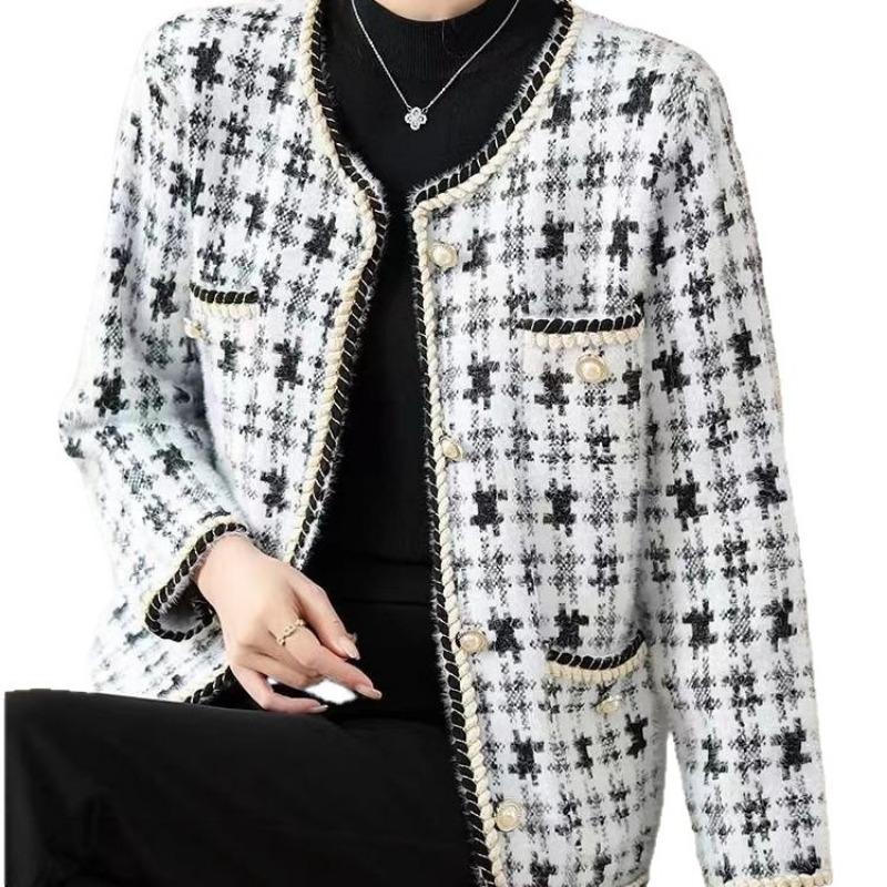 Thousand Birds Plaid Short Jacket Women's Spring and Autumn New Small Fresh Fashion Cardigan Sweater Loose Outer Wear Long Sleeve Top