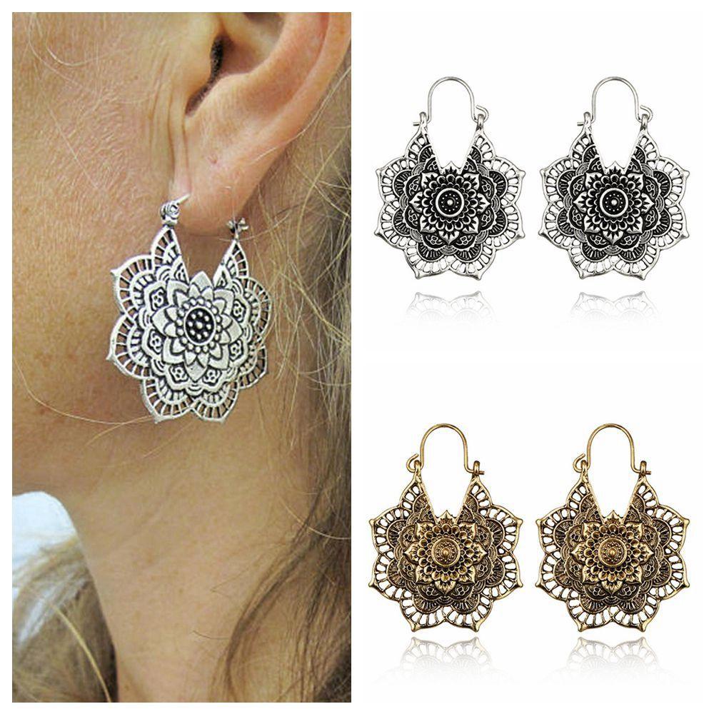 Antique Tribal Gypsy Dangle Ear stud Floral Earring Hollow Out Mandala Flower Pendant