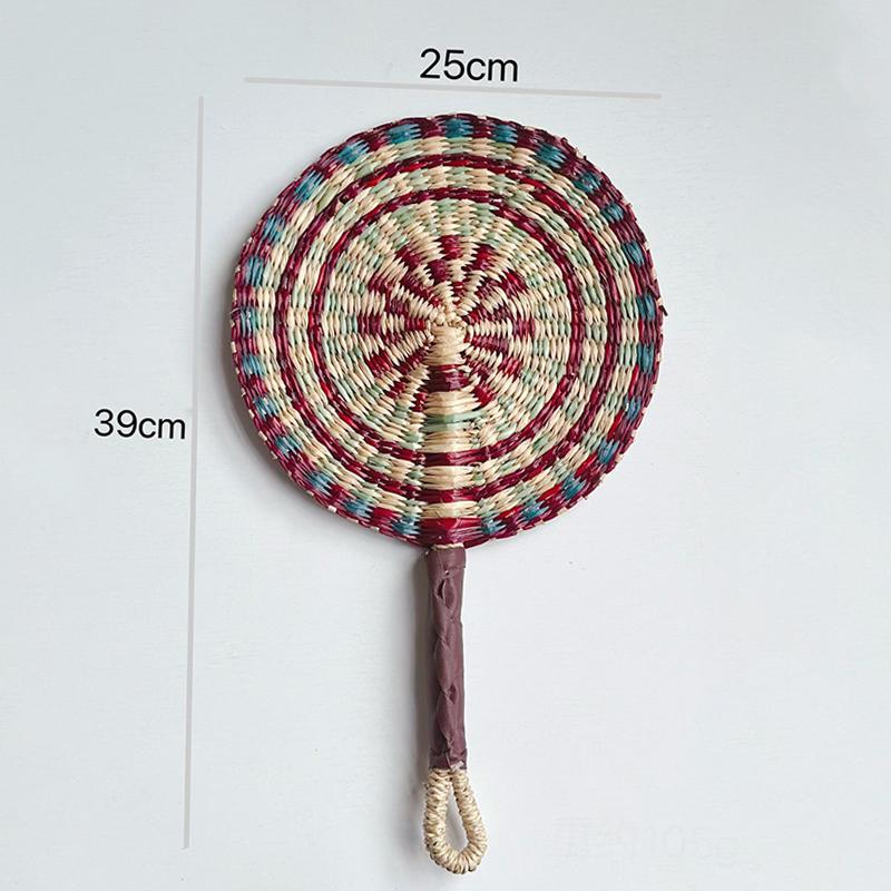 Colorful Striped Patterns Seagrass Woven Fan Vintage Anti-Mosquito Hand Braided Fan Natural Portable Cattail Fan School/Office