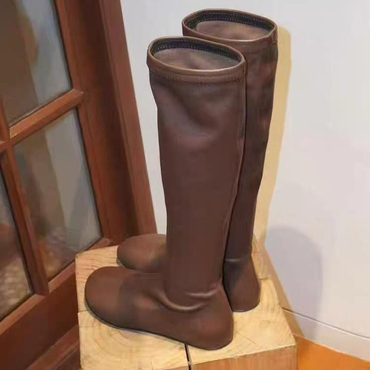 2025 autumn new Korean version round head elastic thin boots retro thin inner height increase knight high boots women
