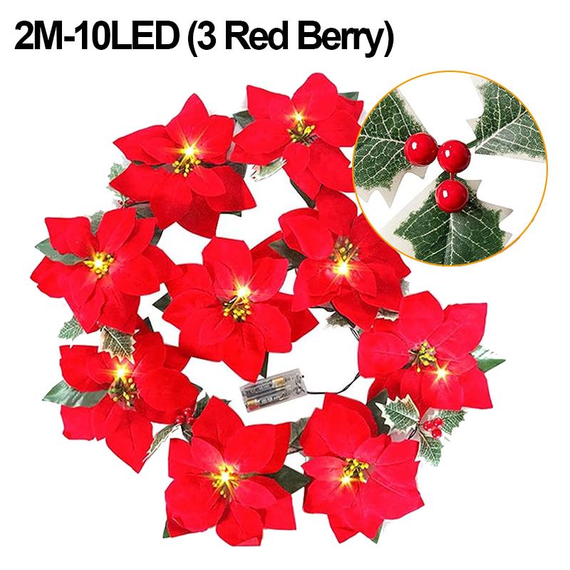 Artificial Poinsettia Garland Christmas Ornaments Flower String Light Holly Berry Green Leaf Vine for Xmas Tree Table Decoration