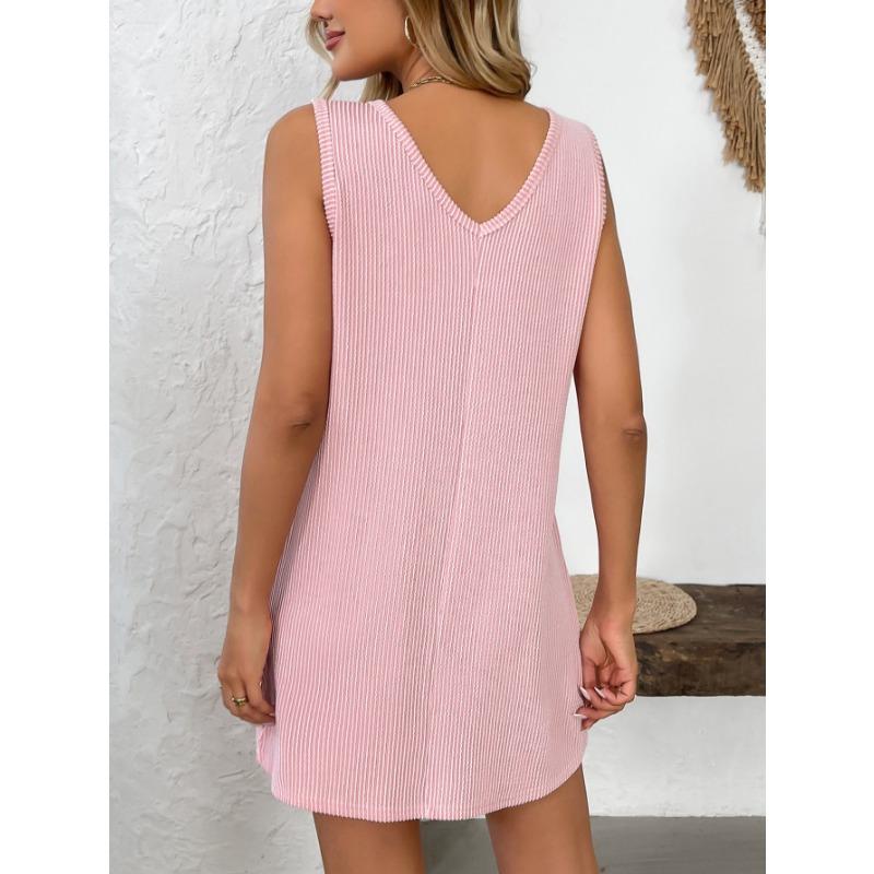Sommer V-Ausschnitt Ärmellos Damen Weste Kleid Elegant Locker Taschen Einfarbig Tasche Mode Einfach Kurze Kleider Lässig Büro Einfache Kleidung
