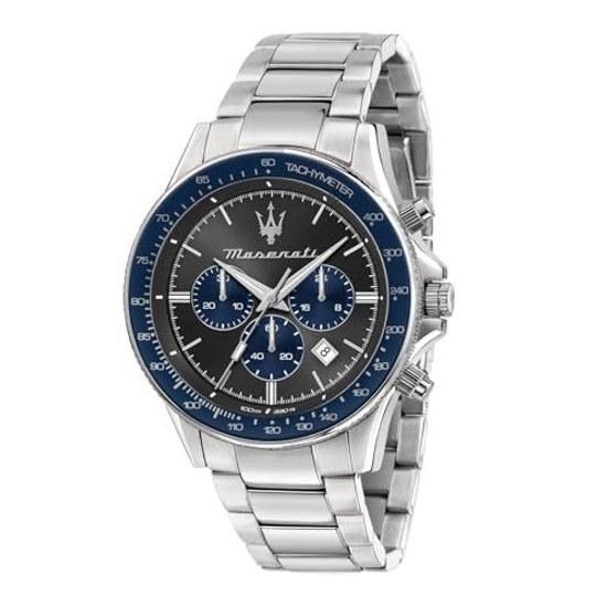 Maserati Quartz Watch Mens 44mm Blue Dial Stainless Steel Chronograph Luminous 100m Water Resistant Japanese Movement R