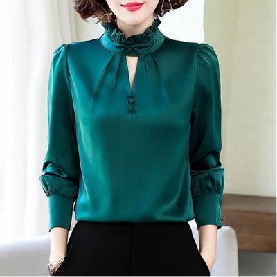 Chiffon Shirt Women's New Spring and Autumn Long-sleeved Inner Fungus Collar Satin Temperament Commuter Top
