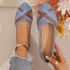 New denim large size shallow mouth single shoes women's round head flat bottom cross belt lazy work shoes wish