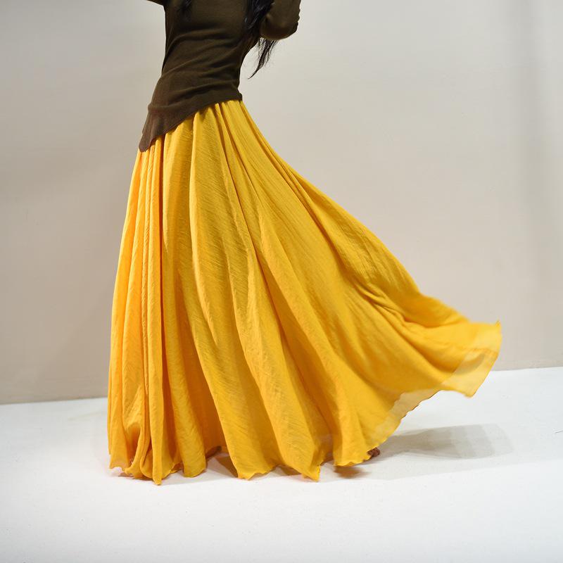 Mori Girl Cotton Linen A-Line Skirt: Elastic Waist, Long Solid Color, National Style Swing