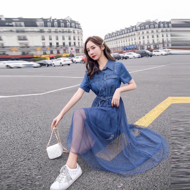 2022 Women's Summer Denim Dress: Waist-Cinching, Slimming French Fairy Style with Mesh Skirt.