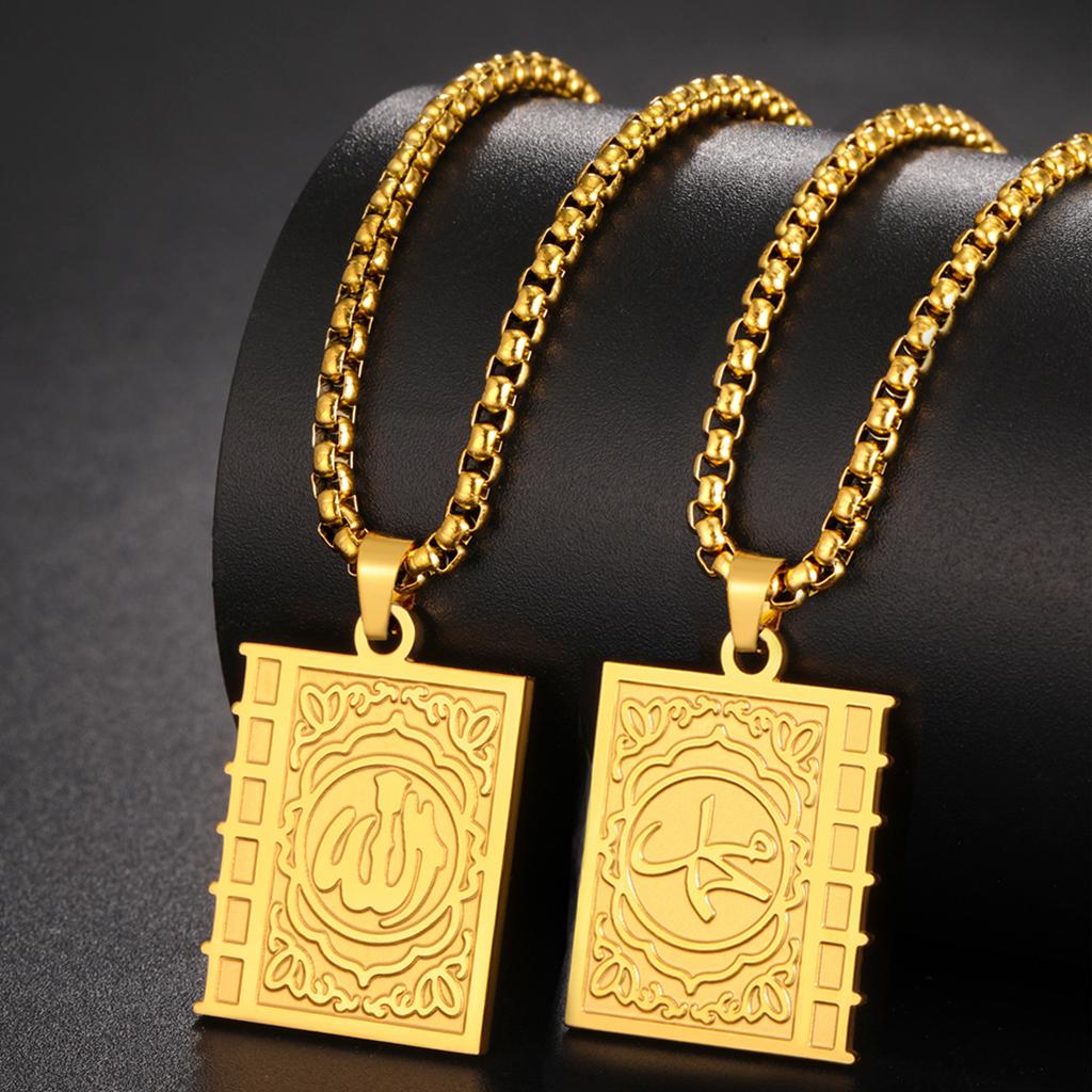Islam Allah Symbol Necklace Stainless Steel Double Sided Amulet Allah Blessing Pendant for Women Men Party Jewelry Gifts