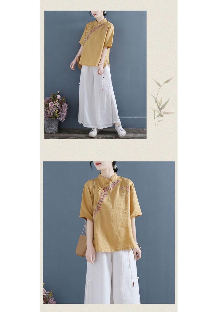 Women's Ethnic Embroidered Cotton Linen Short Sleeve Button-Up Shirt, Retro Artistic Plus Size Top