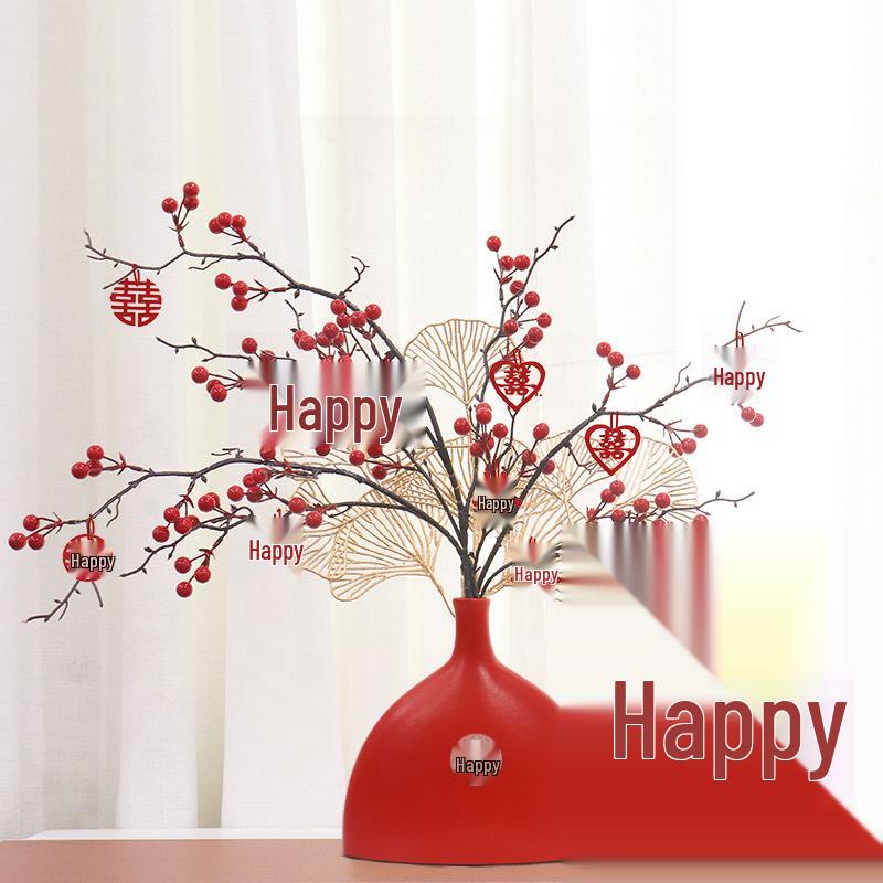 Red Berry Bonsai Scene Ornament for Wedding and Living Room Decor