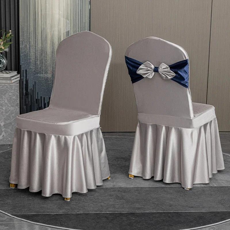 Solid Color Thicken Elastic Pleated Hem Dining Chair Cover Non-slip Slipcover Light Luxury Banquet Chair Cover Hotel Decor