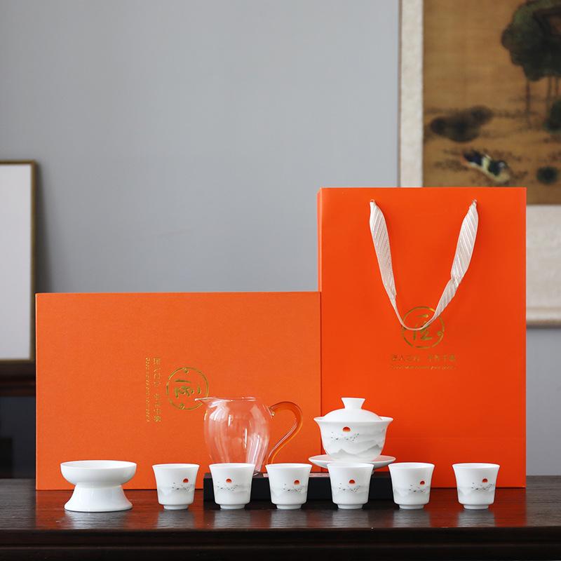 Ceramic suet jade porcelain kung fu tea set business company banking enterprise festival high-end gifts