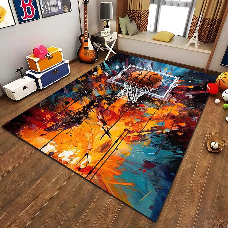 "Colorful Basketball Art Rug with Hoop and Splatter Design Style" Suitable for use as an anti-slip for living room bedroom sofas