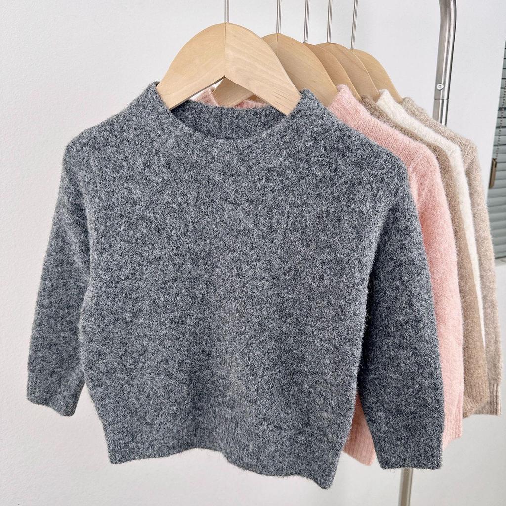 Kids' Round Neck Wool Sweater - Solid Color Knit Pullover for Autumn/Winter
