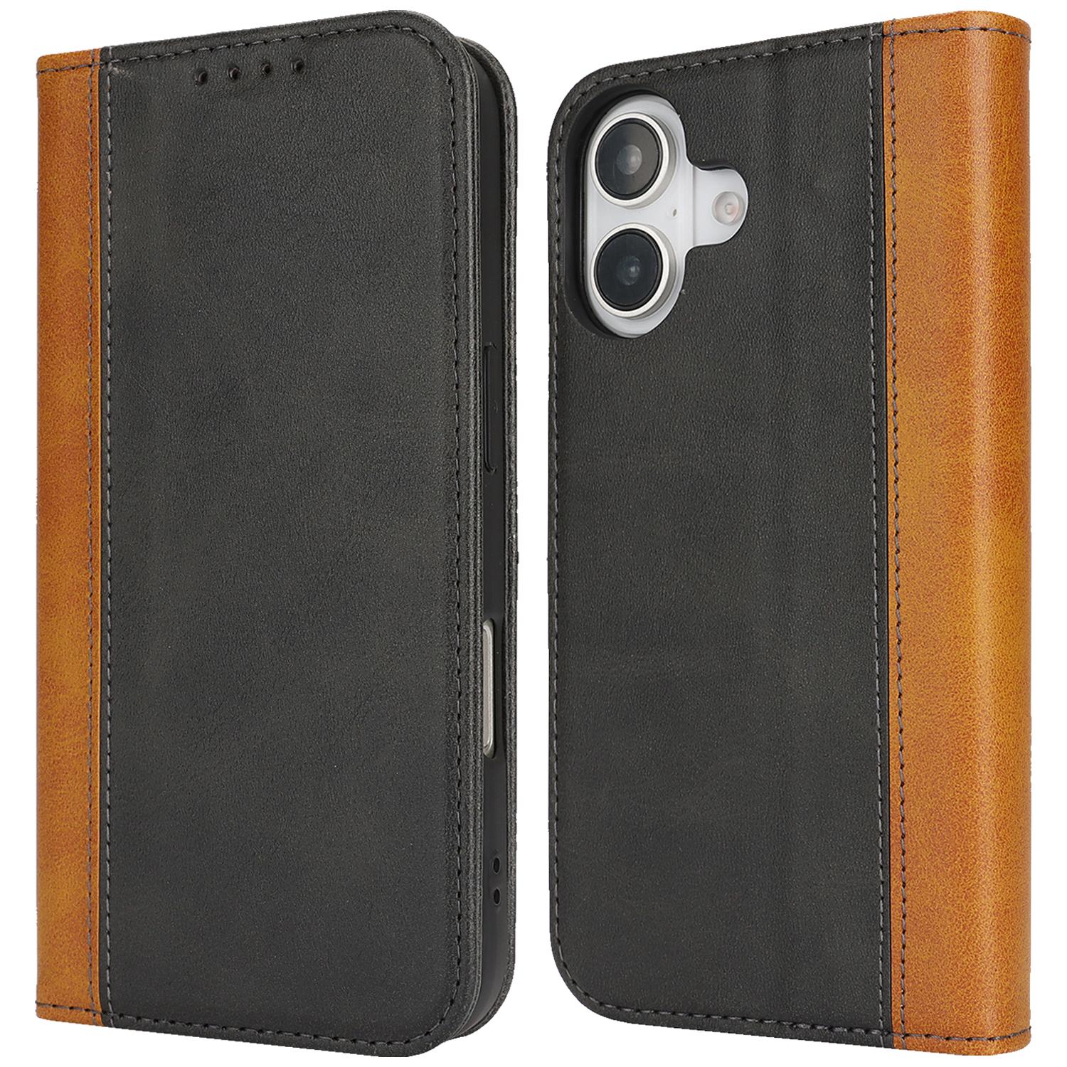 

For iPhone 16 Plus Case Calf Texture 3 Card Slots Color Splicing Leather Phone Cover A
