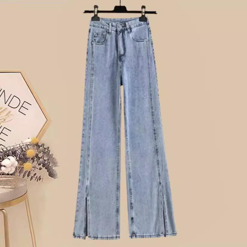 

Женский весенний костюм больших размеров 2023 года: Утягивающий комплект из двух предметов: рубашка и джинсы с разрезами M (fits 80-100 jin)