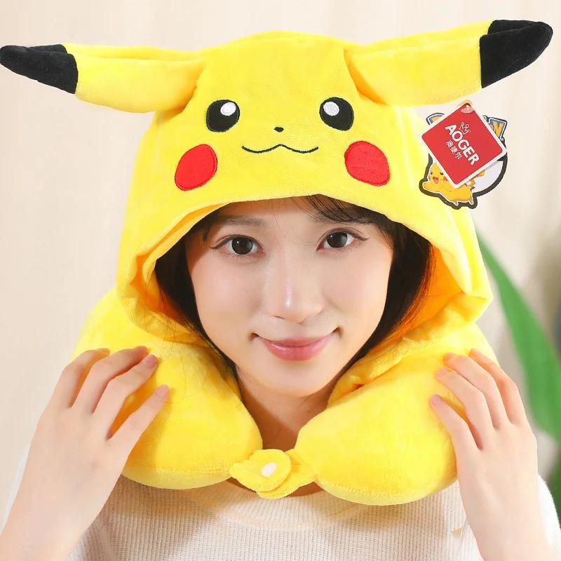 Pikachu Hooded U-shaped Neck Pillow Neck Pillow With Cap Traveling Car Pikachu Backpack Travel Neck Pillow