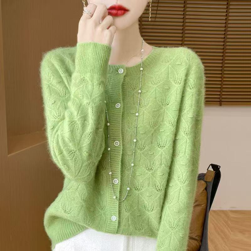 Autumn Women's High-Quality Knitted Wool Cardigan - Round Neck, Hollow-Out Jacquard Design, Loose Fit.