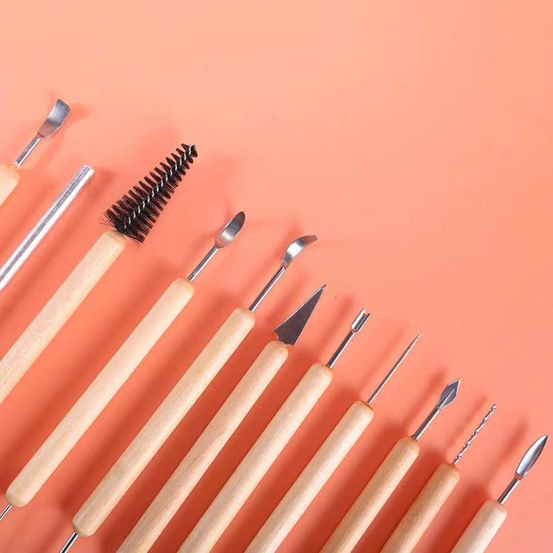 Set de instrumente de modelat pentru sculptură din argilă ceramică 11 buc, set de instrumente pentru sculptură din argilă polimerică ceramică cu două fețe, cu mâner neted din lemn