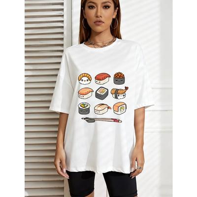 Süßes Sushi-Print-T-Shirt Weiß Kawaii-Lebensmitteldesign Für Freizeitkleidung Und Tägliche Outfits