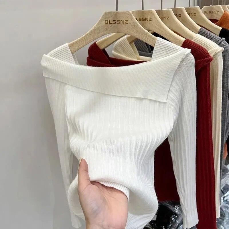 Slash Neck Knitwear Off Shoulder Top Women's Thin Bottomed Shirt Slim Long Sleeve Hotsweet Casual Commuting New Fashion