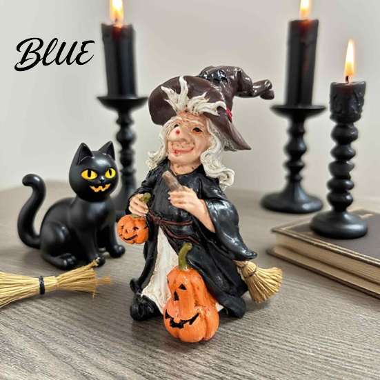 Halloween Witch Pumpkin Figurine Resin Figurine Vintage Hand-Painted Ornament Spooky Tabletop Party Table Centerpieces Decor for Desk Shelf Entryway