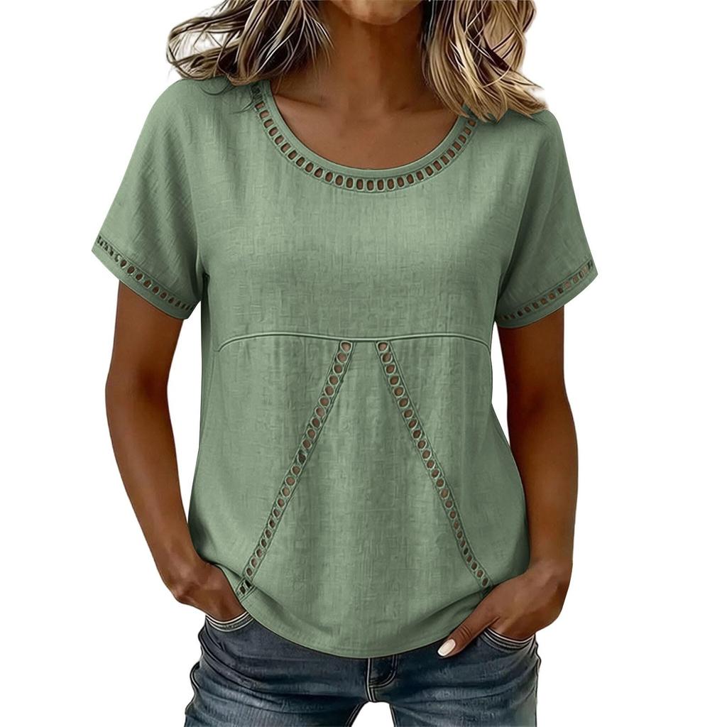 Women Casual Round Neck Shirt Hollow Out Patch Short Sleeve Top Lightweight Loose Fit Blouse for Everyday Wear