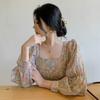 Women's Floral Shirt Korean Style Square Collar Sexy Sweet Long Sleeves Chiffon Blouse Tops
