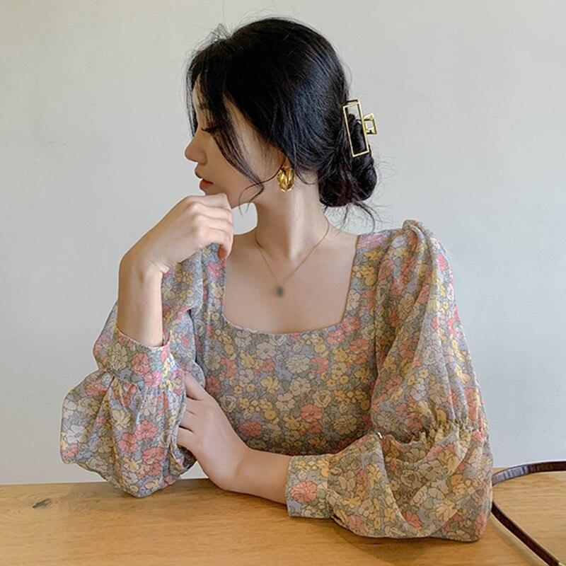 Women's Floral Shirt Korean Style Square Collar Sexy Sweet Long Sleeves Chiffon Blouse Tops