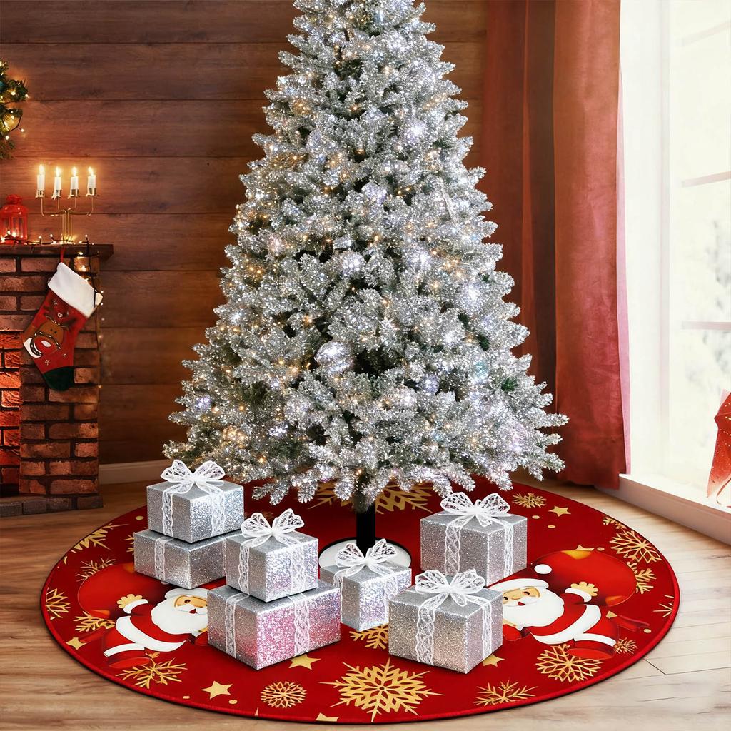 Sukně pod vánoční stromek Červené ozdoby na vánoční stromek, Měkká plyšová podložka pod vánoční stromek se zasněženým vzorem pro dekorace, Sváteční párty 35 palců