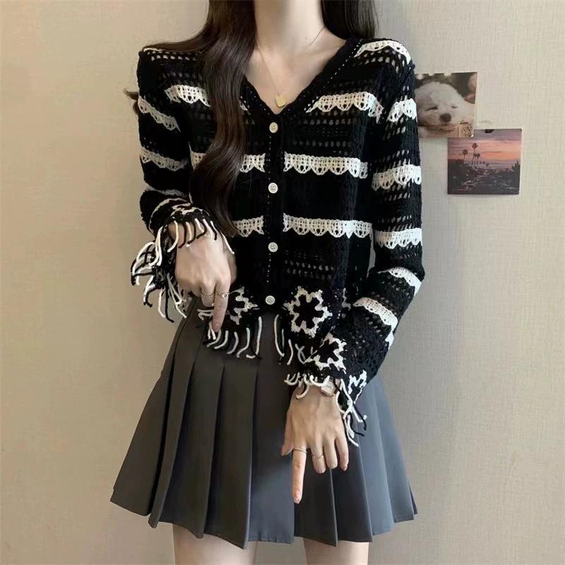 Early Autumn Thin Hook Flower Design, Niche High-end Hollow Out Sweater, Lazy Style Knitted Sweater Top for Women