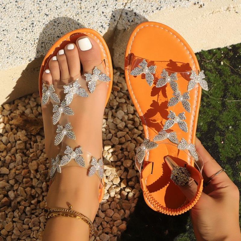 

New Butterfly Rhinestone Flat Sandals Round Toe Soft Sole Anti-slip Wear-resistant Beach Flats 43 помаранчевий