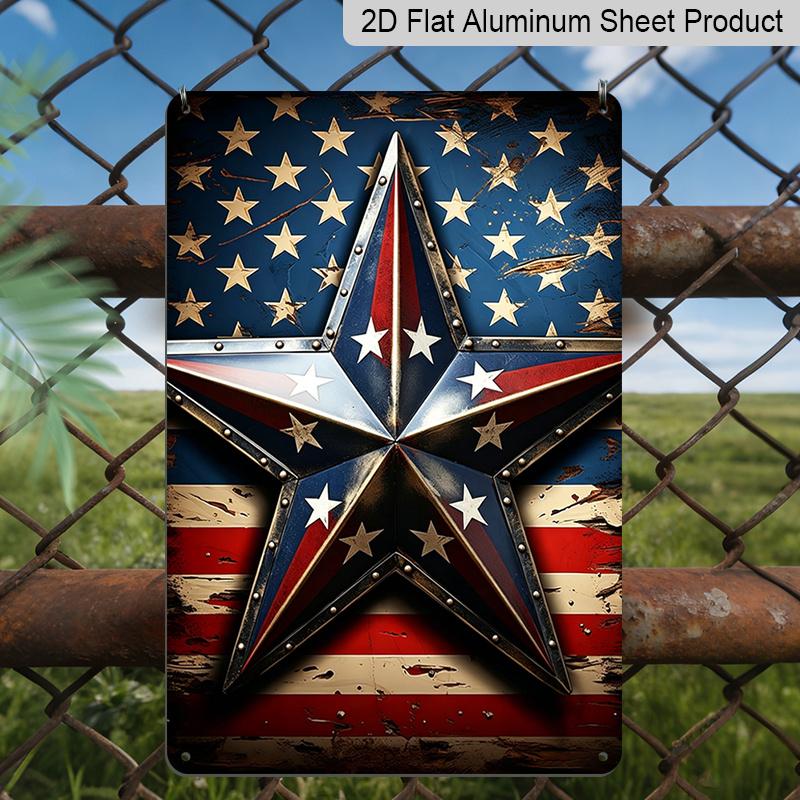 2D Flat Vintage American Flag Star Aluminum Sign - 4th of July Wall Decor 4th of July & Memorial Day Decor, Rustic Farmhouse Living Room, Patriotic 20*30cm