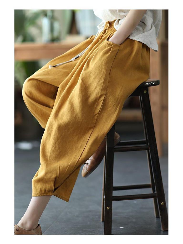 Women's Dopamine Retro Zen Style Elastic Waist Cotton Linen Cropped Harem Pants for Spring Summer