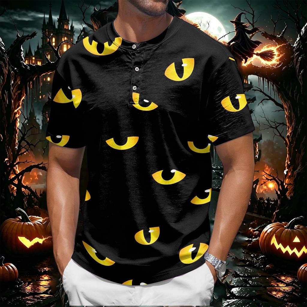 Men's Halloween Print Short Sleeve Henley Shirt Casual Round Neck Button Up Top for Seasonal Wear
