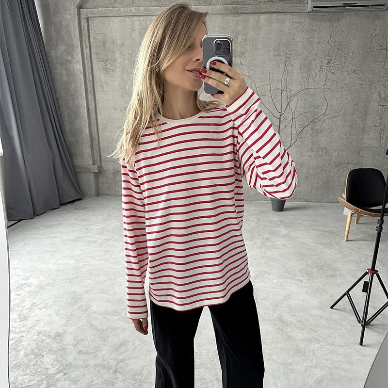 Cozy Loose Long Sleeve Striped T-Shirts Women Autumn Basic Casual Cotton Tops Round Neck Street Style Blouse
